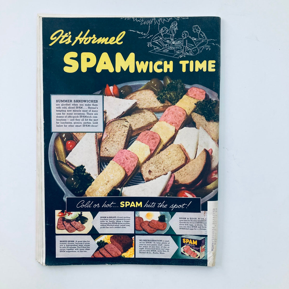 VTG Time Magazine May 23 1938 featuring a vintage advertisement for Hormel Spam with sandwich ideas, emphasizing classic culinary trends.
