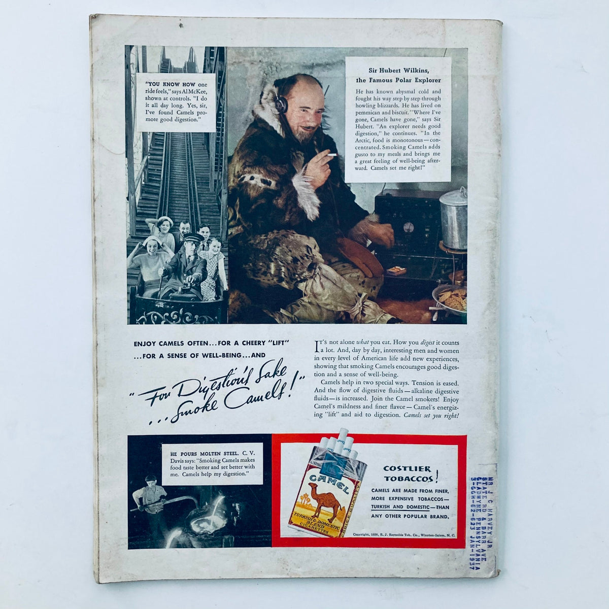 Vintage advertisement from the back of VTG Time Magazine September 28 1936, highlighting a promotion for Camel cigarettes with illustrations featuring Sir Hubert Wilkins.