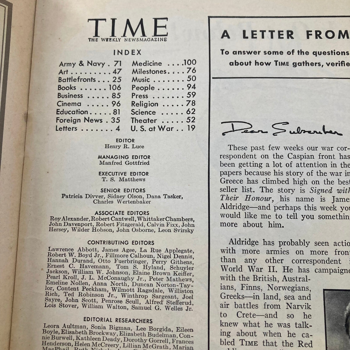 VTG Time Magazine October 26 1942 interior index page providing listings of articles and sections featured in the publication.