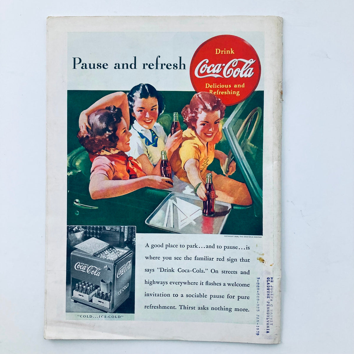 Vintage Coca-Cola advertisement from 1938 promoting refreshment featuring three girls enjoying sodas, complementing the VTG Time Magazine August 15 1938.