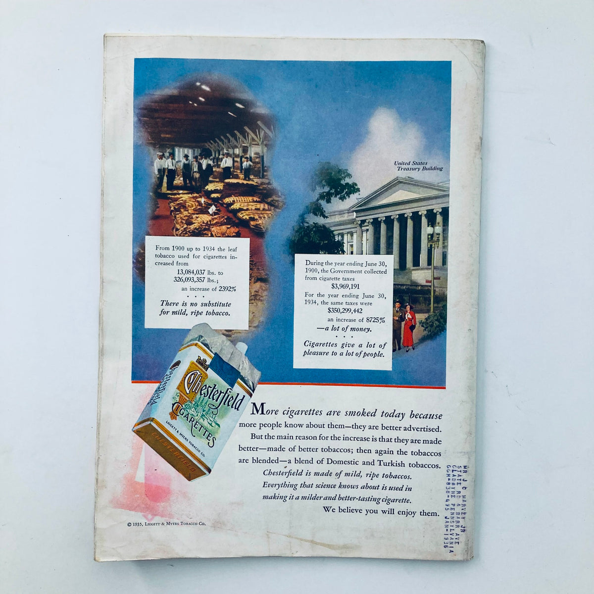 Back cover of VTG Time Magazine November 18 1935, featuring a colorful advertisement for Chesterfield cigarettes, showcasing statistics about tobacco usage and the United States Treasury Building, highlighting historical context and marketing from the era.