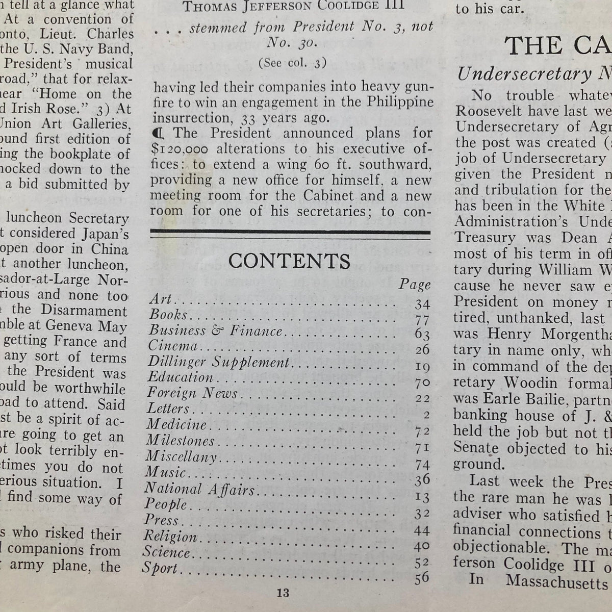Interior page of Time Magazine dated May 7, 1934, containing contents and articles related to Col. Edward Riley Bradley and John Dillinger.