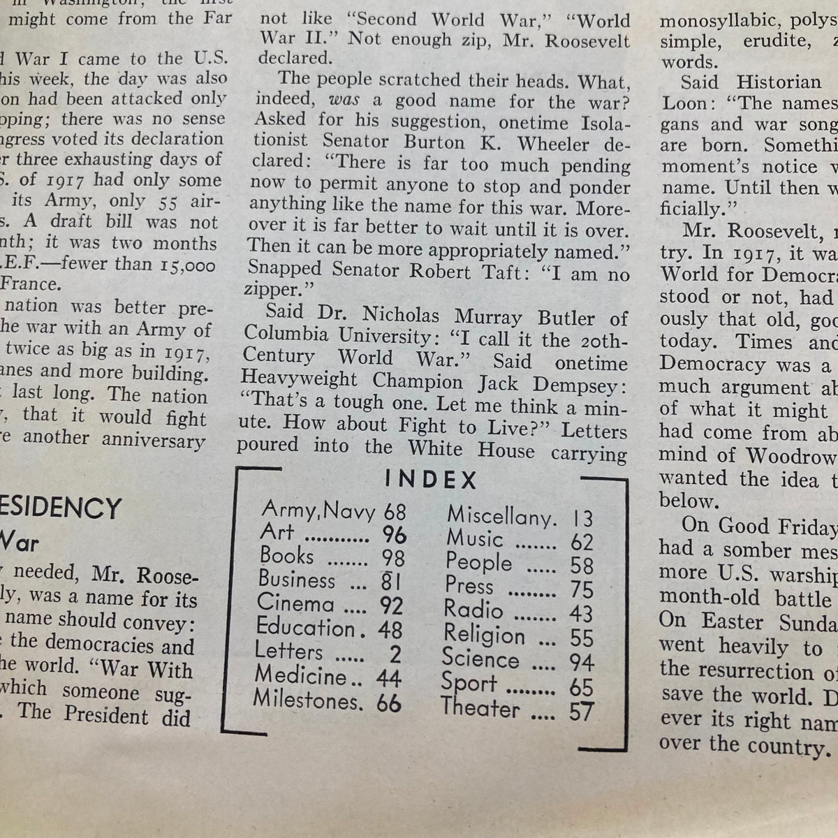 Interior page of VTG Time Magazine April 13, 1942, displaying content related to World War II and an index, highlighting historical articles and topics.