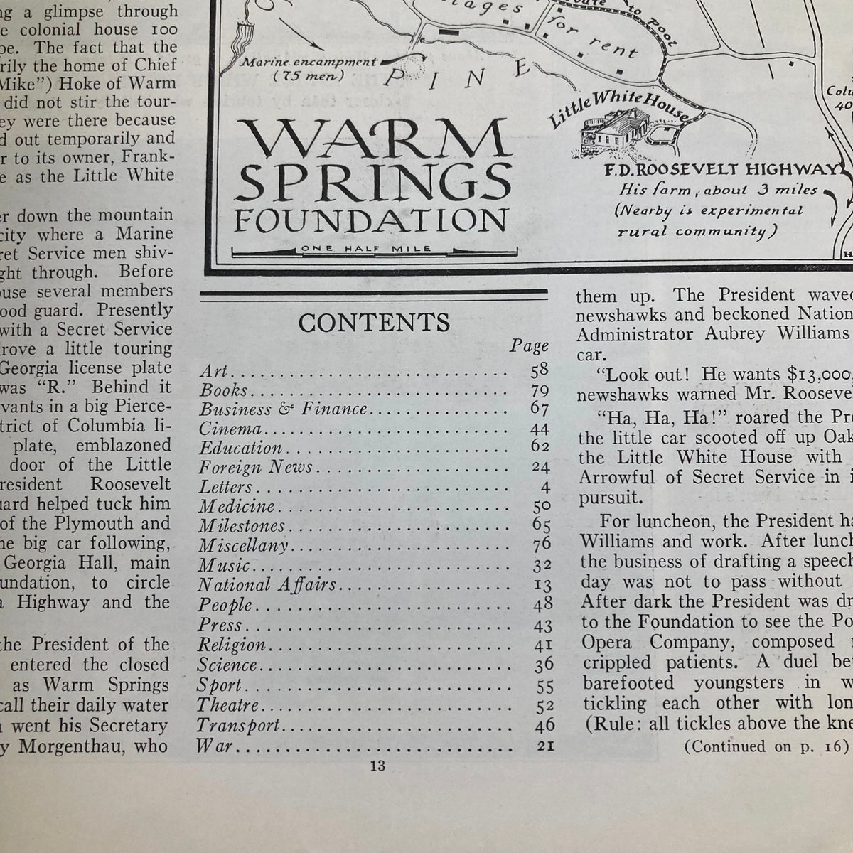 Contents page from the VTG Time Magazine December 9 1935, featuring articles and topics of the era, including a highlight on Warm Springs Foundation.