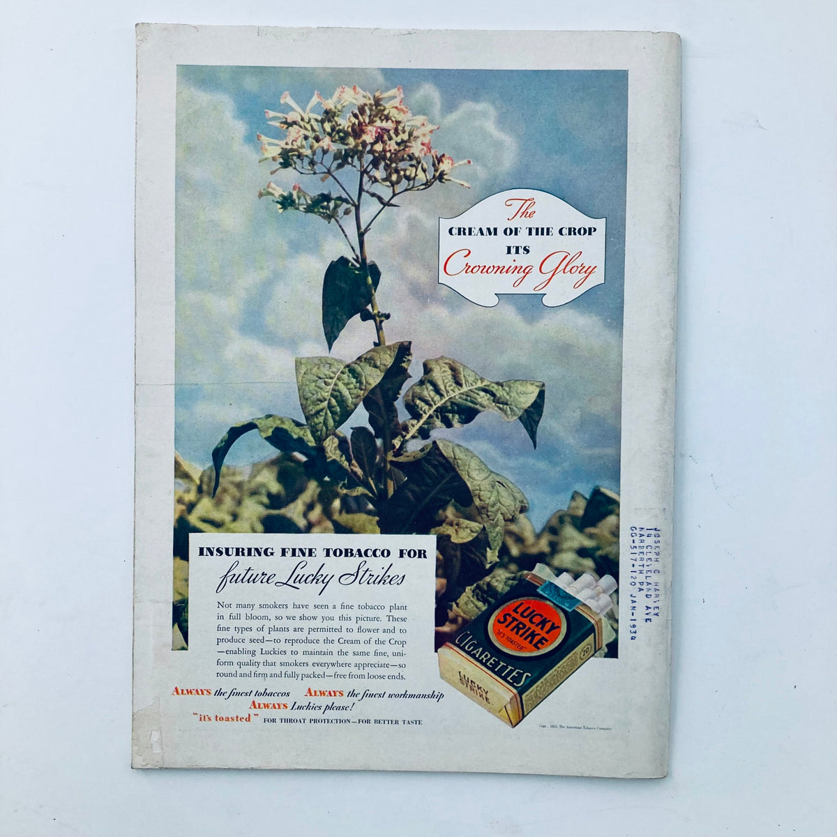Vintage advertisement from VTG Time Magazine November 13, 1933, depicting a tobacco plant with the text 'The Cream of the Crop, It's Crowning Glory' alongside a Lucky Strike cigarette pack.