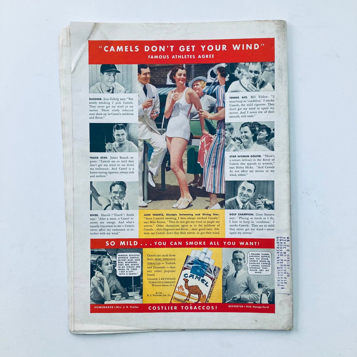 Back cover of VTG Time Magazine September 30 1935 Vol 26 No. 14 showcasing a Camel cigarette advertisement with endorsements from famous athletes.