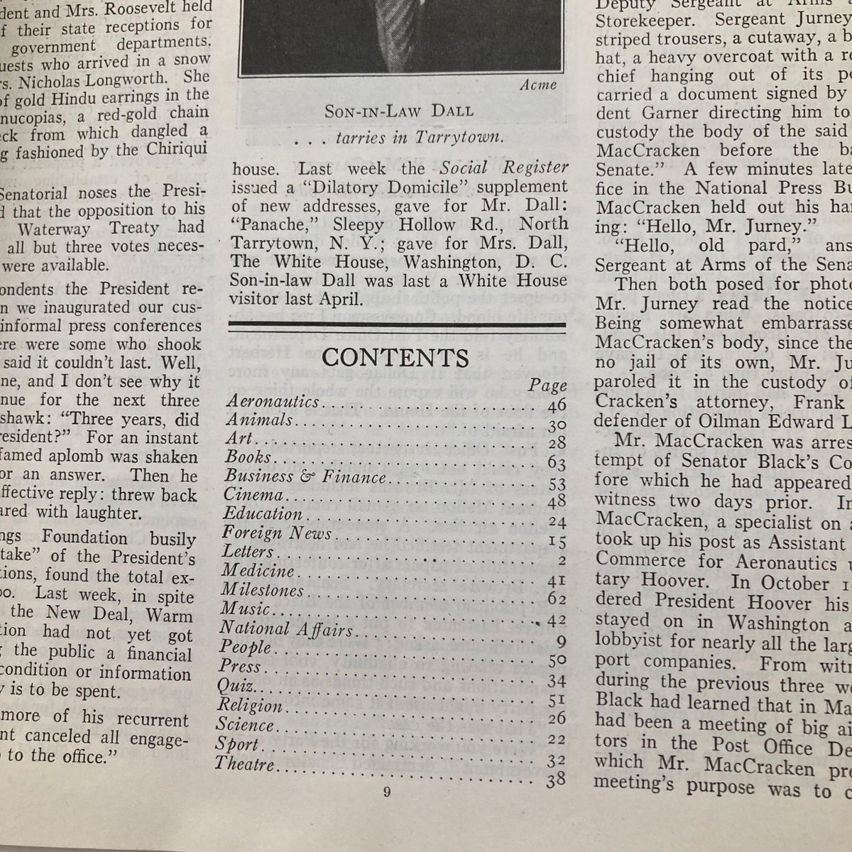Contents page from Time Magazine February 12, 1934, showcasing various topics including Aeronautics, Business, Cinema, and National Affairs. This page highlights the magazine's diverse coverage of the political and cultural landscape of the 1930s.