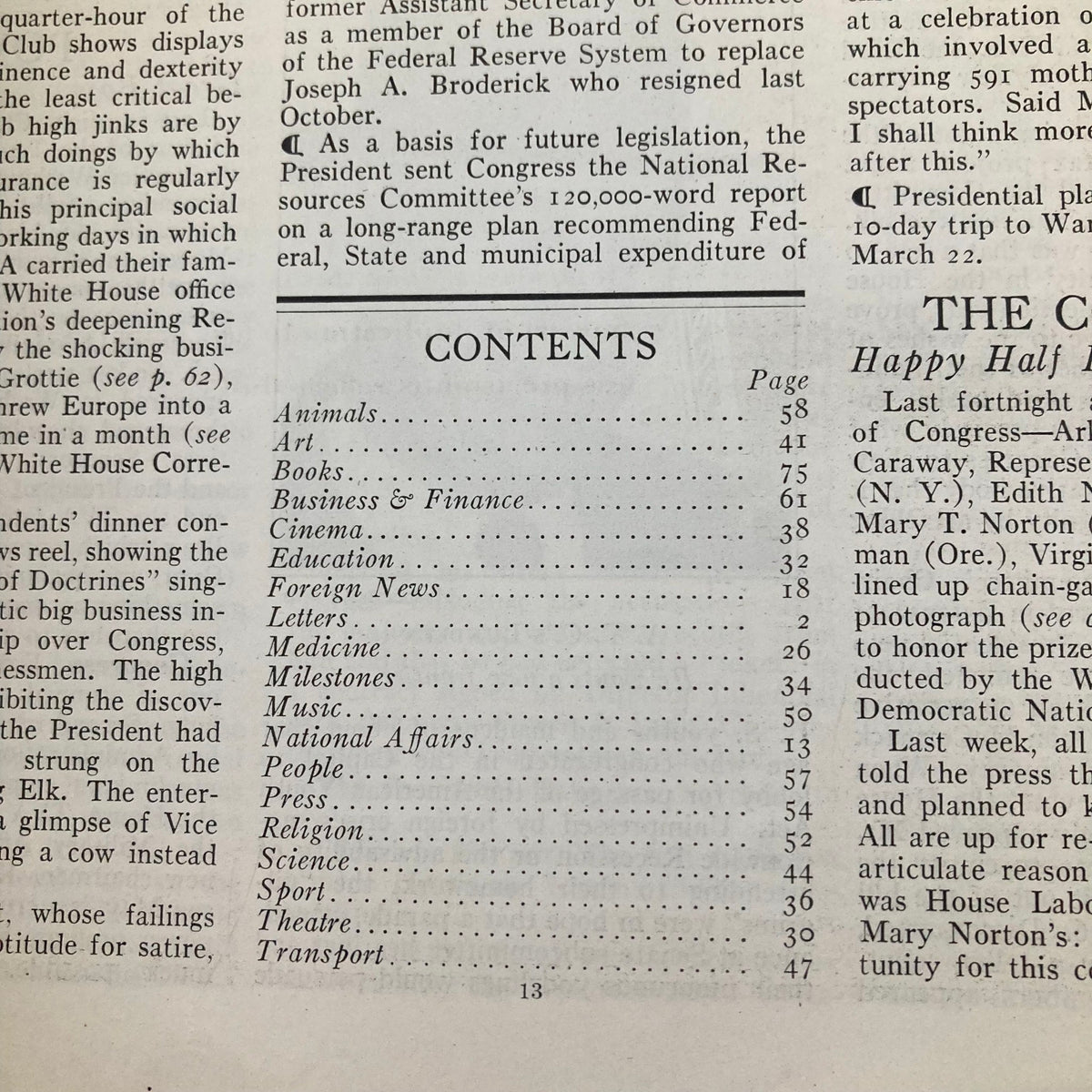Interior page of VTG Time Magazine from March 21, 1938, showcasing the table of contents, reflecting the historical publication and its focus on politics and culture during pre-World War II Europe.