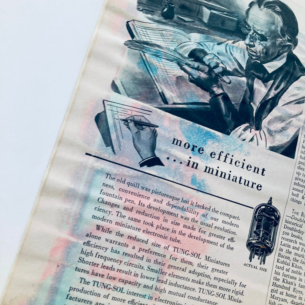 Page from VTG Time Magazine, highlighting a promotional illustration for Tung-Sol electronic tubes, showcasing historical advancements in technology.