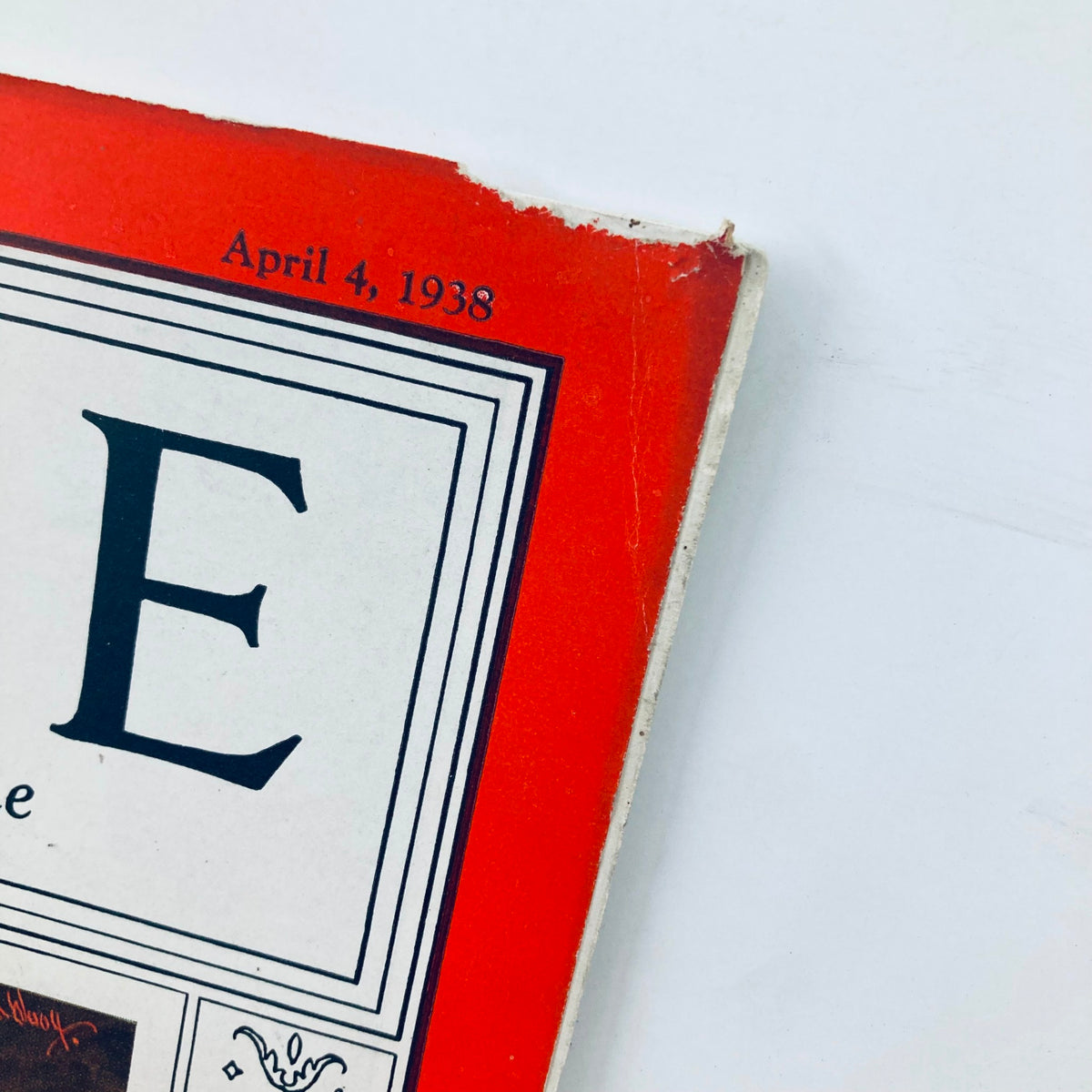 Close-up of the cover date on the VTG Time Magazine from April 4, 1938 featuring physicist Albert Einstein. The image highlights the magazine's title and date, showing its vintage charm.