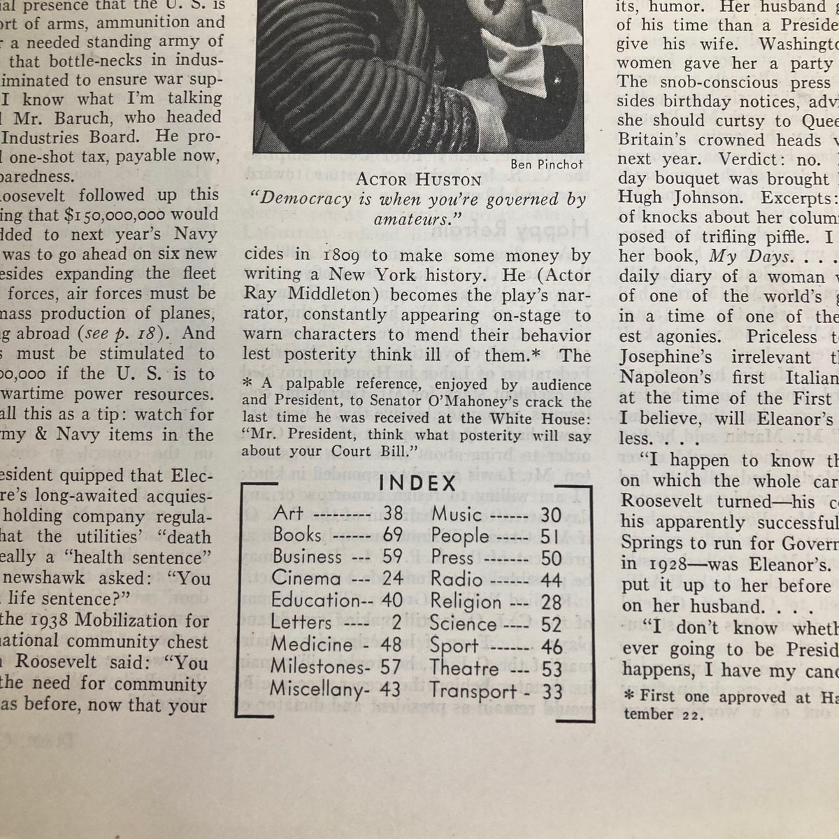 Interior page of Vintage Time Magazine from October 24, 1938, showcasing articles and the index, featuring content relevant to American history.