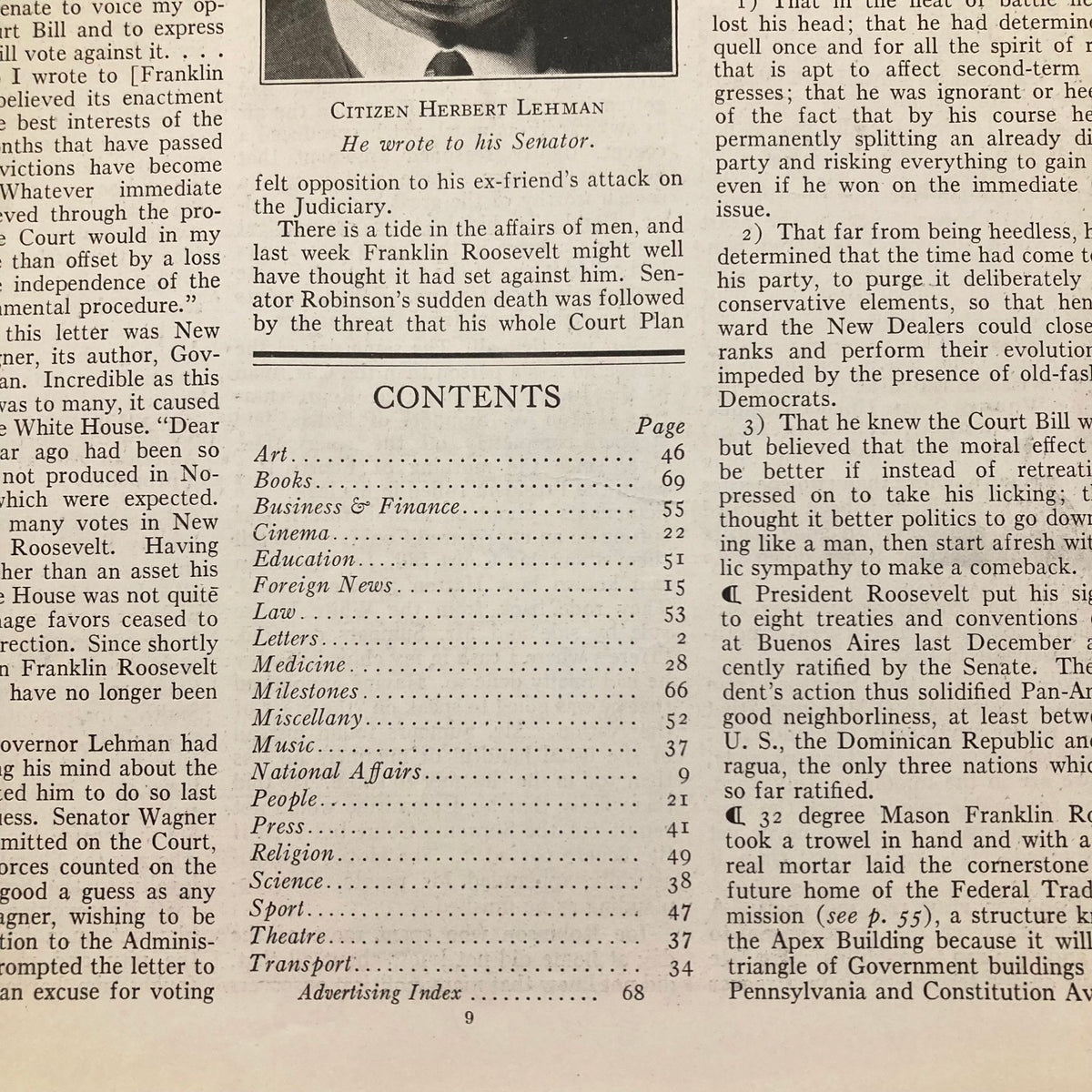Inside page of the July 26, 1937 issue of Time Magazine, outlining contents including political commentary and notable articles from that era.