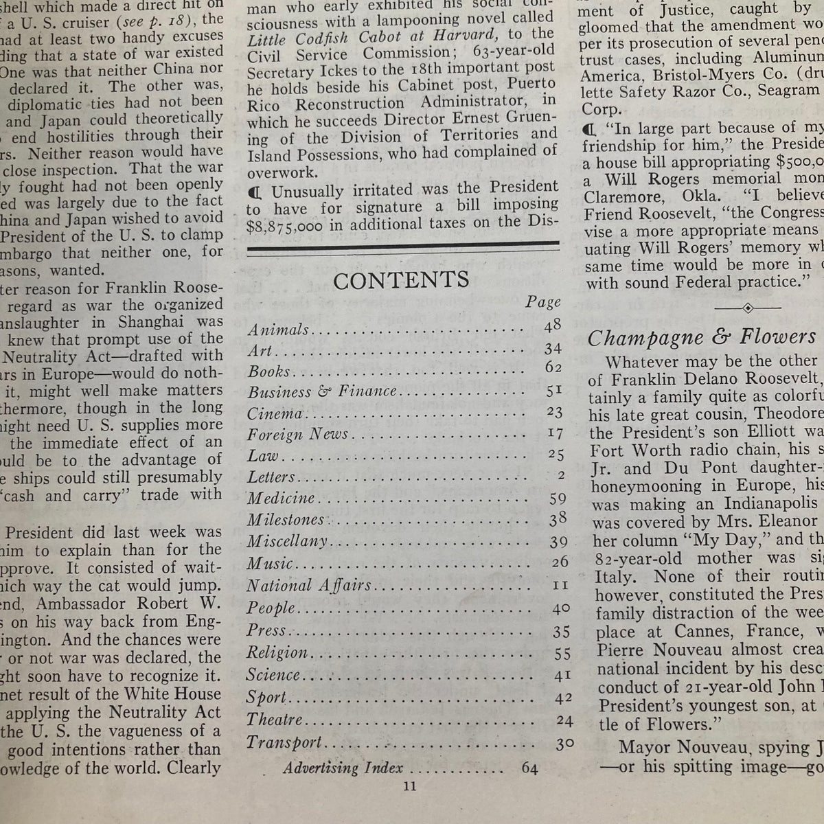 Contents page of VTG Time Magazine August 30 1937, featuring various articles and topics from the pre-World War II era.
