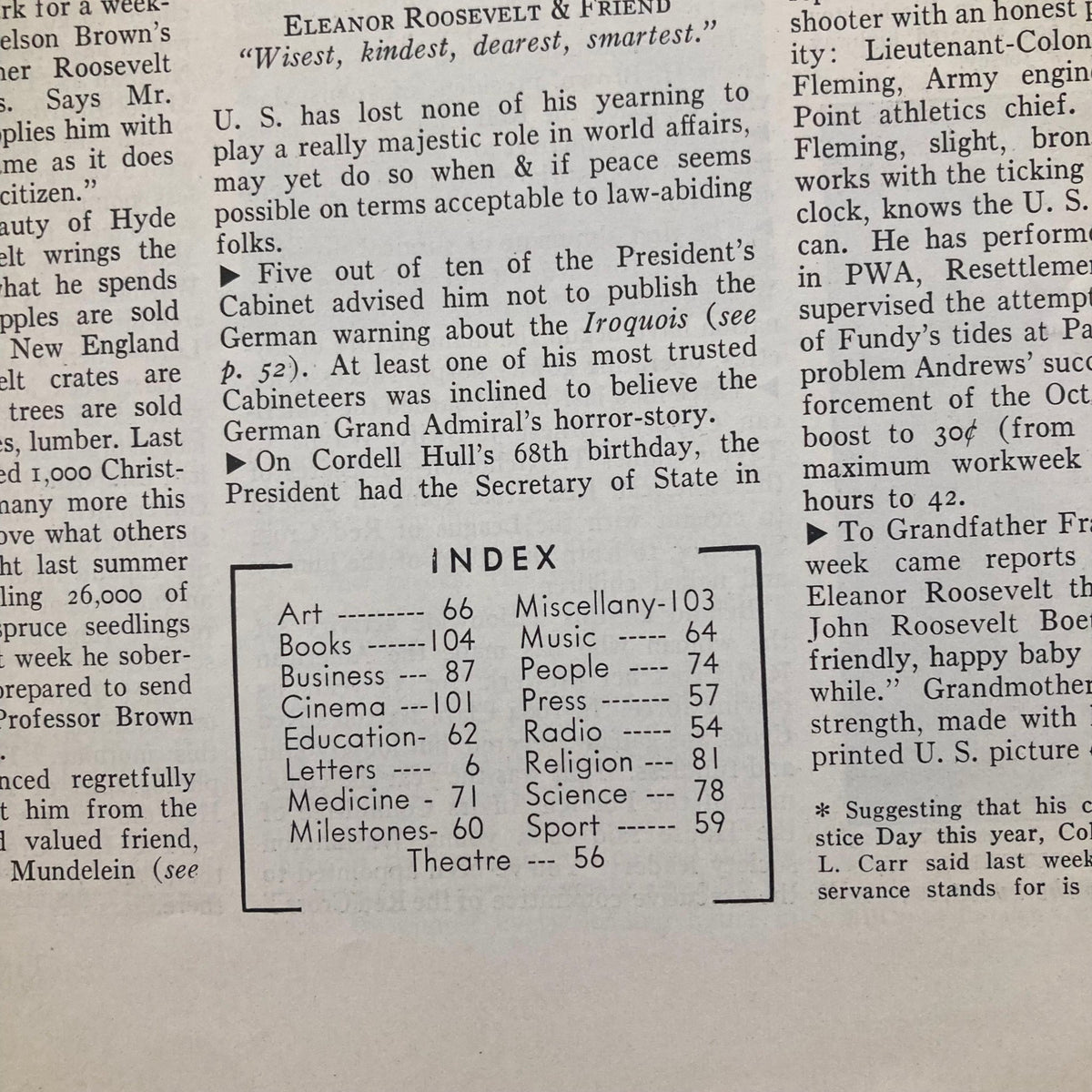 Page from VTG Time Magazine October 16 1939 featuring the index section with various topics covered in the issue.