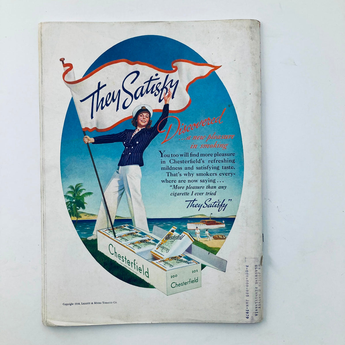 Back cover of VTG Time Magazine from October 17, 1938, showcasing an advertisement for Chesterfield cigarettes with the slogan 'They Satisfy'.
