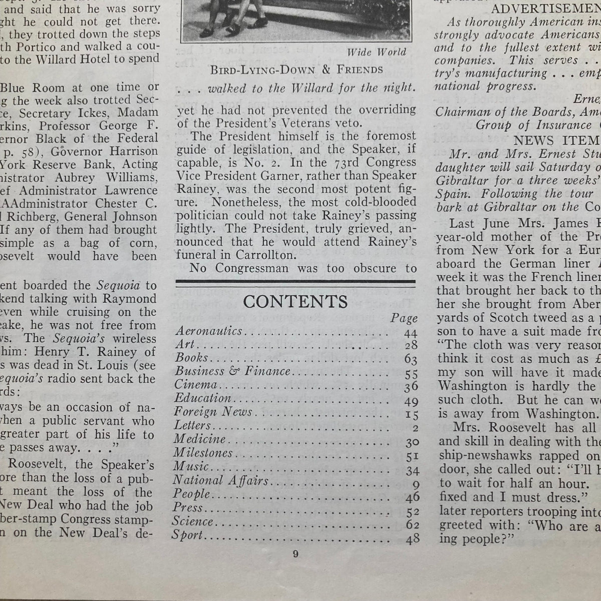 Vintage Time Magazine August 27 1934 featuring the contents page, showcasing historical articles and advertisements, in fair condition.