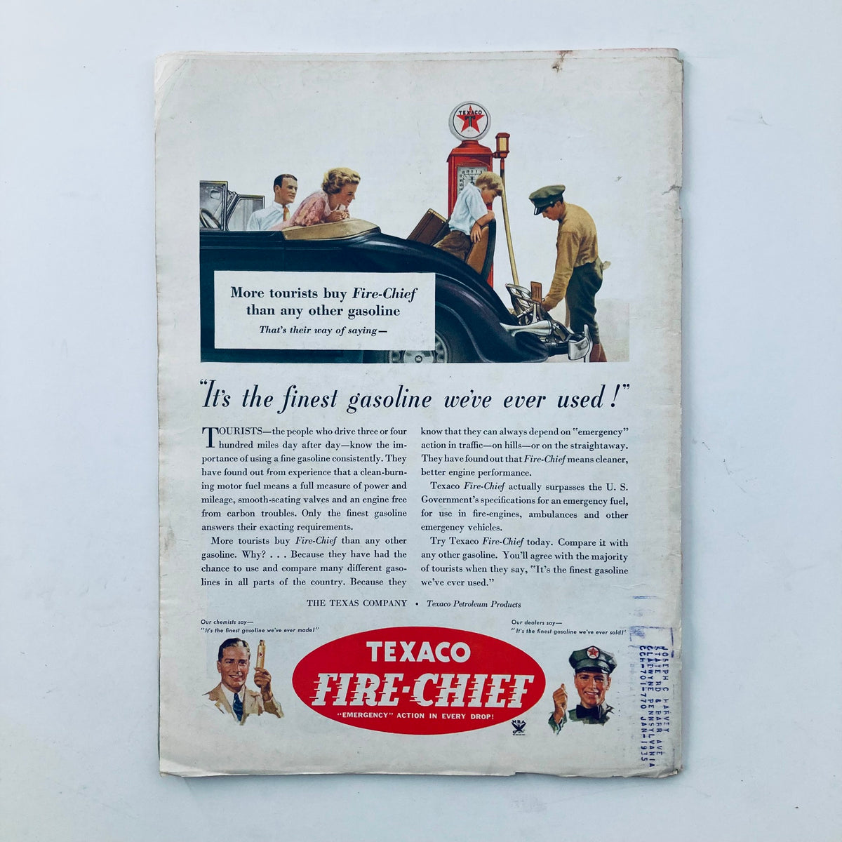 Back cover of Vintage Time Magazine August 27 1934 with Texaco Fire-Chief advertisement, depicting vintage cars and service station scene.