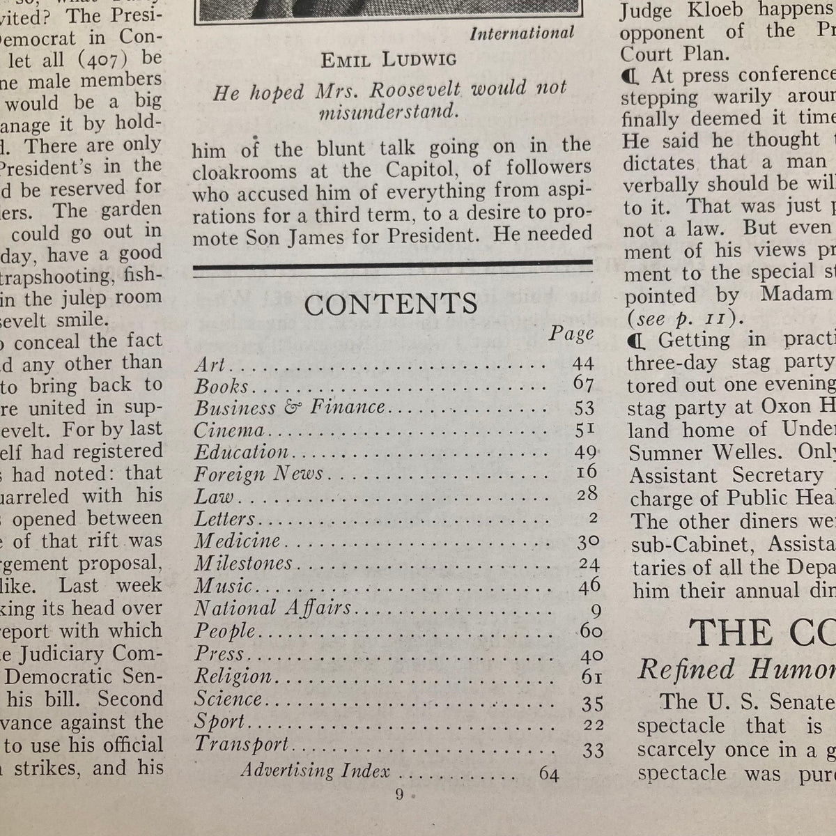 Contents page of VTG Time Magazine June 28, 1937, highlighting articles and features relevant to the era.