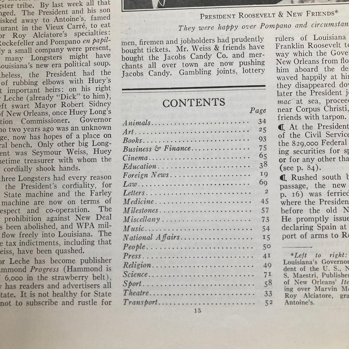 Inside contents page of VTG Time Magazine May 10 1937, Vol 29 No. 19, detailing articles including business finance, education, and national affairs.