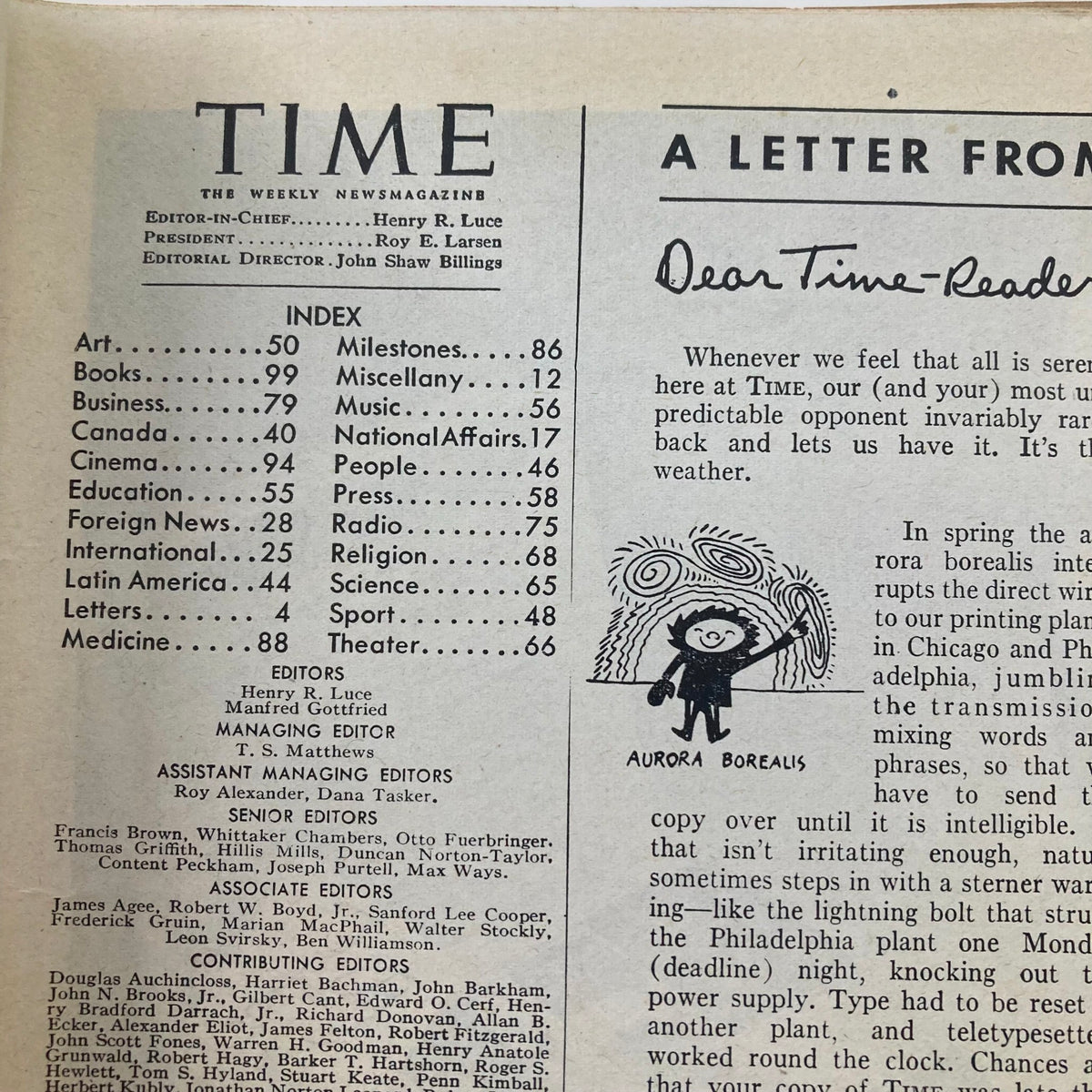 Index page of VTG Time Magazine July 22 1946 Vol 48 No. 4 featuring articles and editor information.