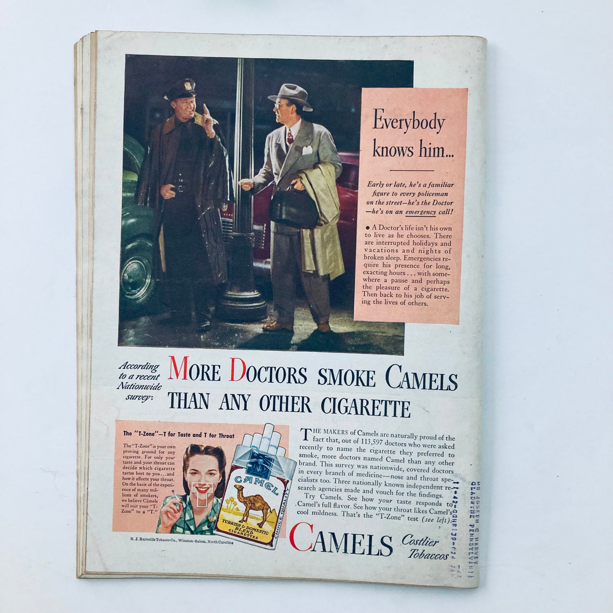 Advertisement page from VTG Time Magazine July 22 1946 Vol 48 No. 4 showcasing a medical professional and a promotion for Camel cigarettes.