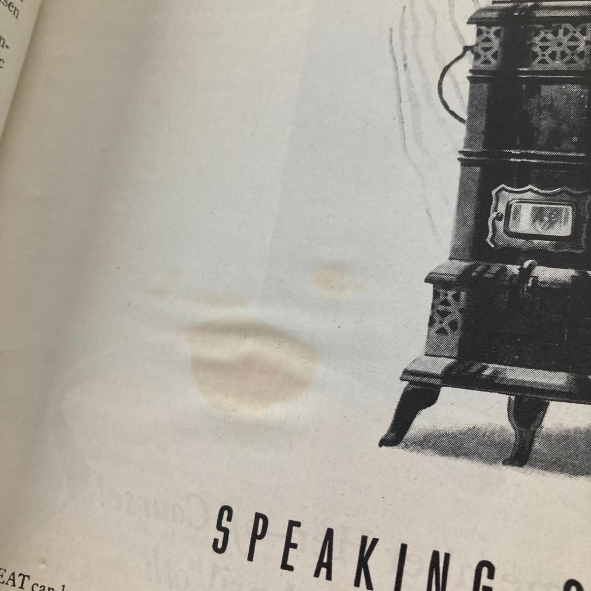Interior page of VTG Time Magazine April 10 1939 Vol 33 No. 15, featuring an illustration of a vintage stove alongside text.