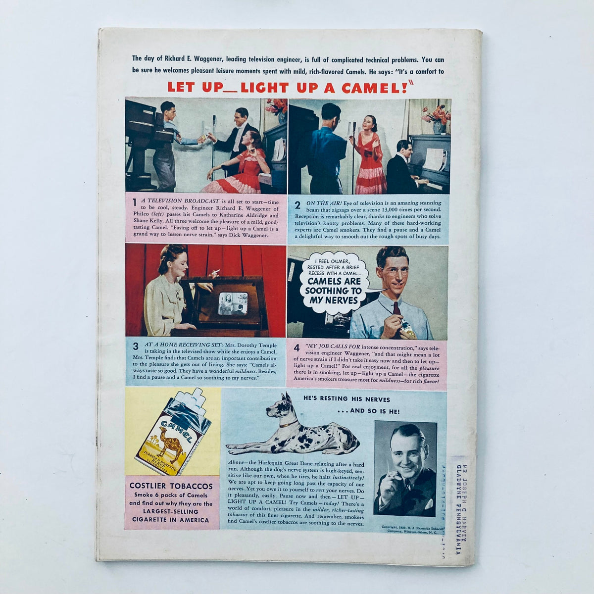 Back cover of VTG Time Magazine April 10 1939 Vol 33 No. 15, displaying an advertisement for Camel cigarettes with colorful illustrations.
