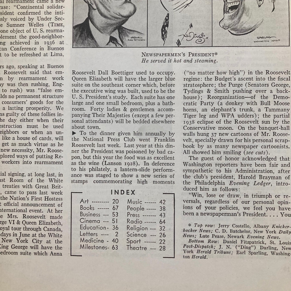 Inside pages of VTG Time Magazine November 28 1938 Vol 32 No. 22 displaying political commentary and illustrations of notable figures.