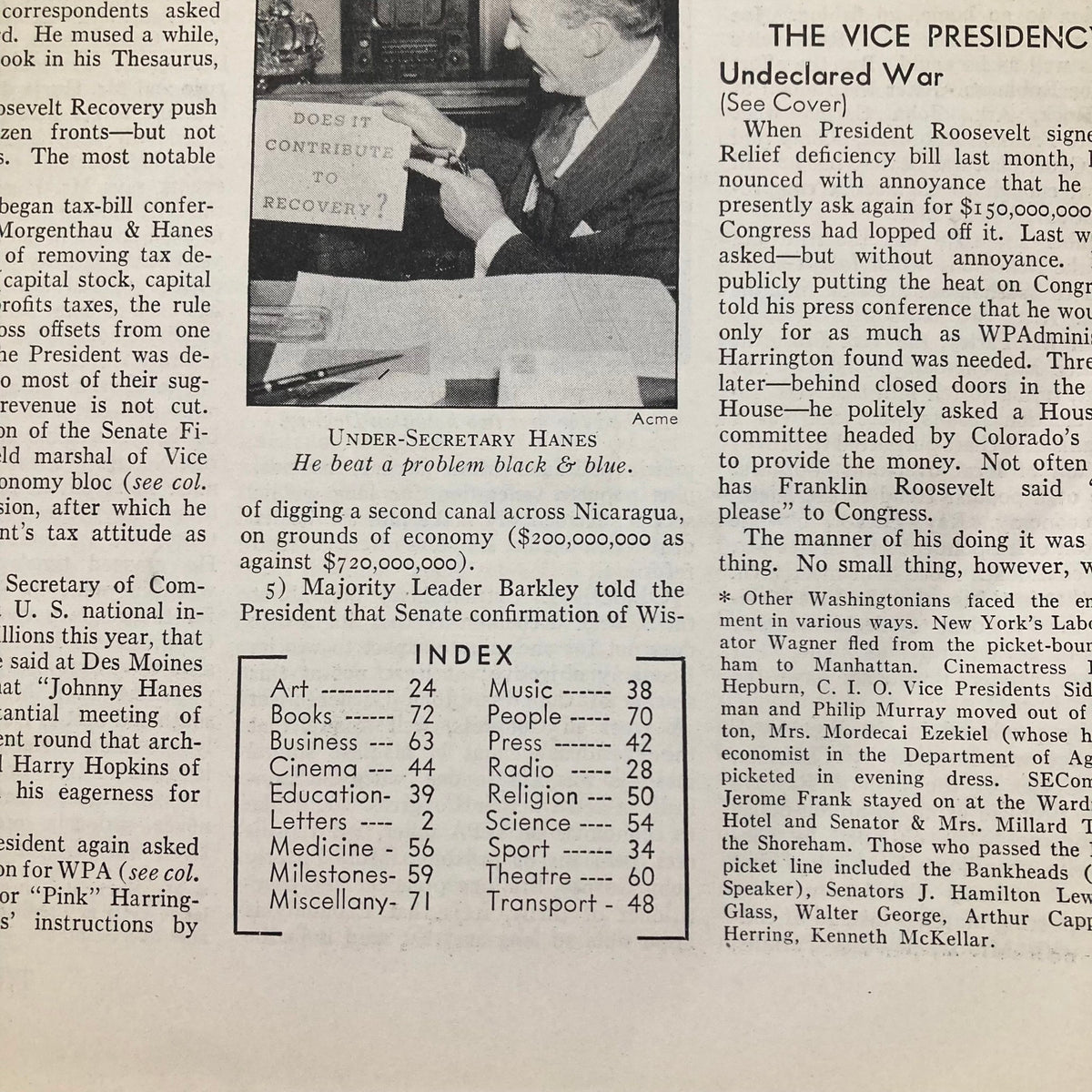 Inside page of the Vintage Time Magazine from March 20, 1939, presenting a political analysis and discussions about the U.S. economy, featuring Under-Secretary Hanes.