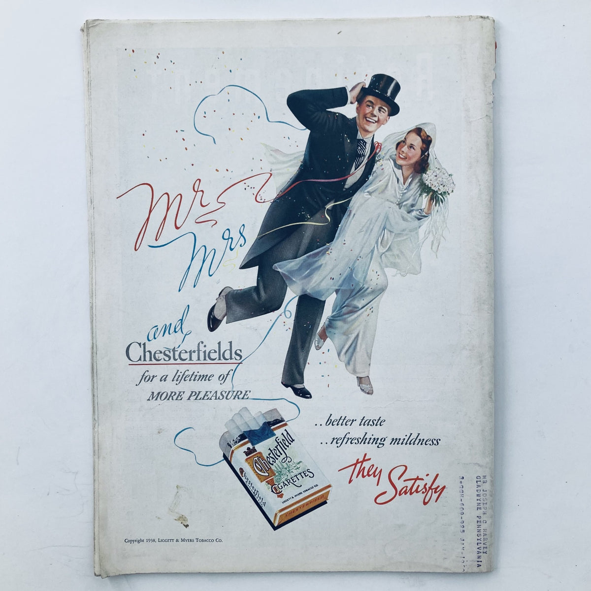 Vintage advertisement for Chesterfield cigarettes featuring a couple celebrating their wedding, as seen in the VTG Time Magazine May 30 1938 Vol 31 No. 22 Comrade Earl Browder.