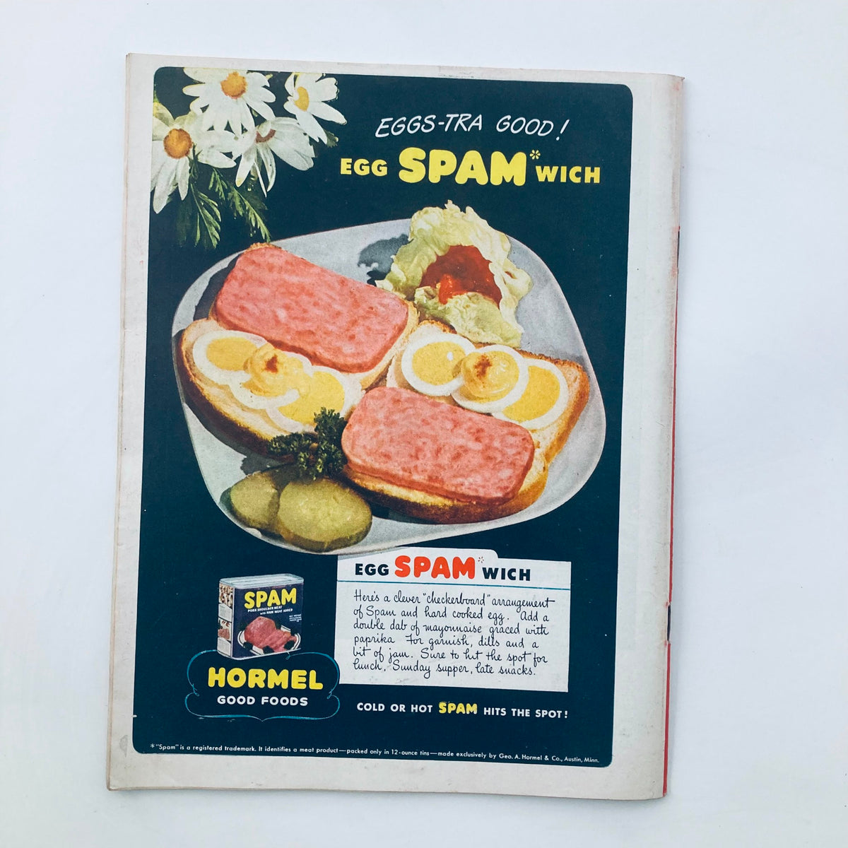 Advertisement page from VTG Time Magazine August 6 1945, highlighting 'Egg Spam' with recipe suggestions, reflecting mid-20th century food culture.