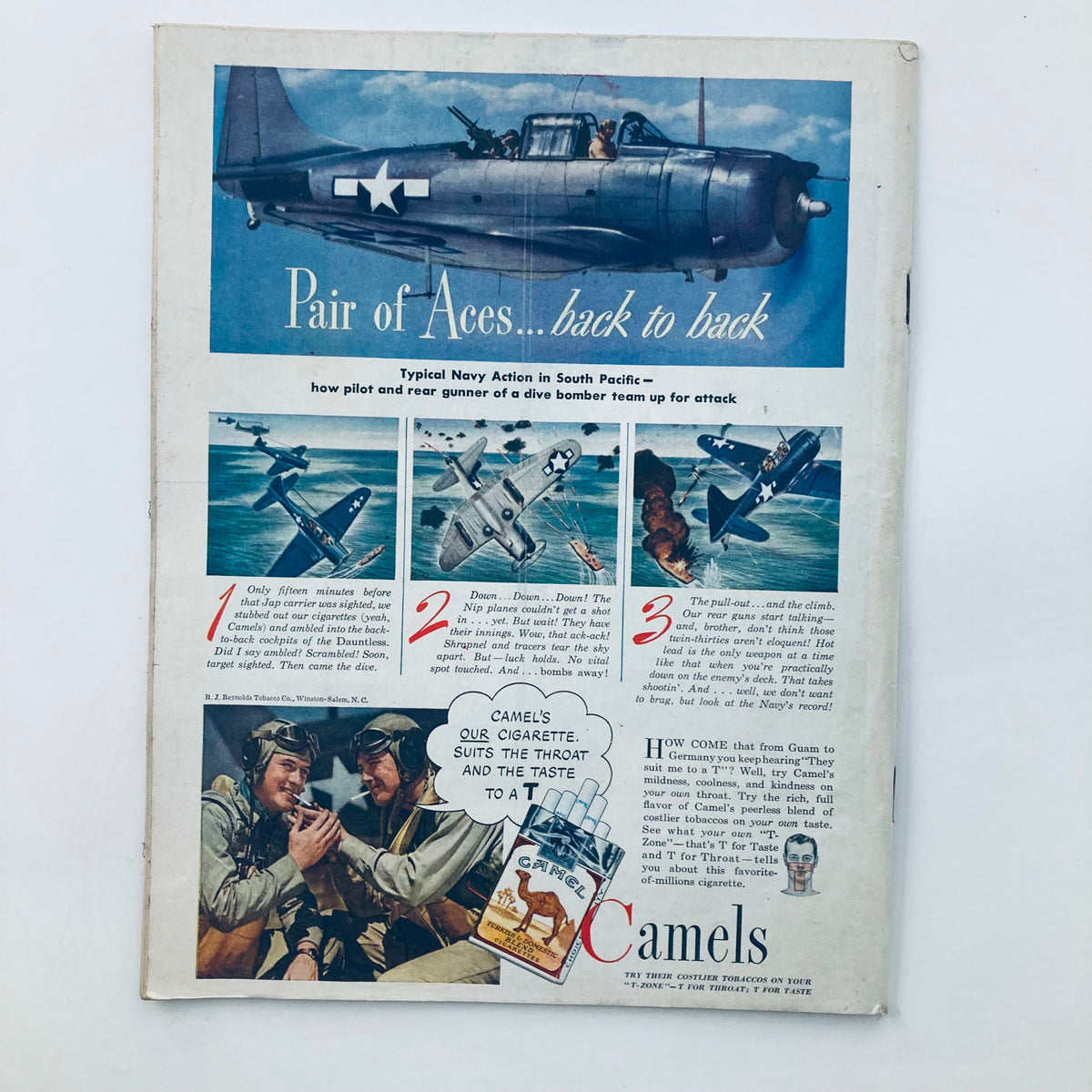 Back cover of the November 27, 1944 Time Magazine, illustrating typical Navy action in the South Pacific during World War II, accompanied by an advertisement for Camels cigarettes, portraying the war era's commercial art.