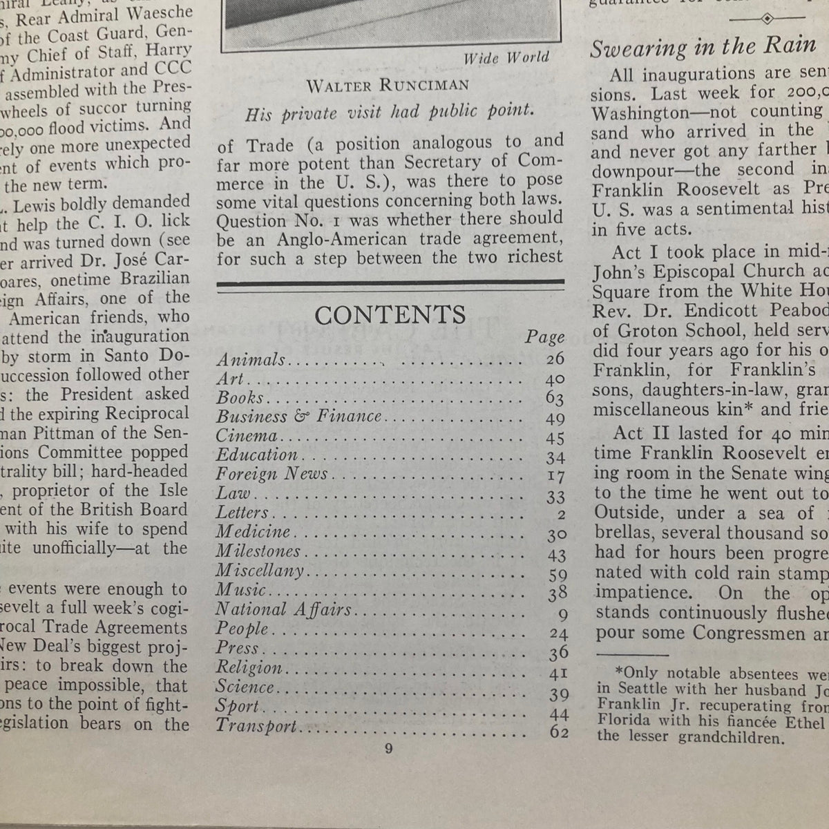 Contents page of the February 1, 1937 edition of Time Magazine, Vol 29 No 5 featuring notable sections including National Affairs, Business & Finance, and Cinema.