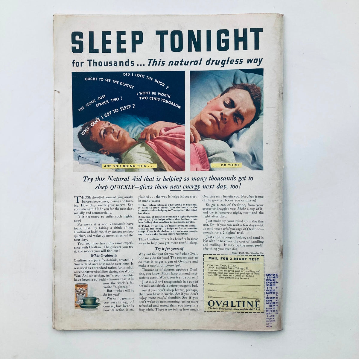 Vintage advertisement page from the February 1, 1937 Time Magazine, promoting Ovaltine as a natural aid for better sleep, showcasing the period's marketing style.