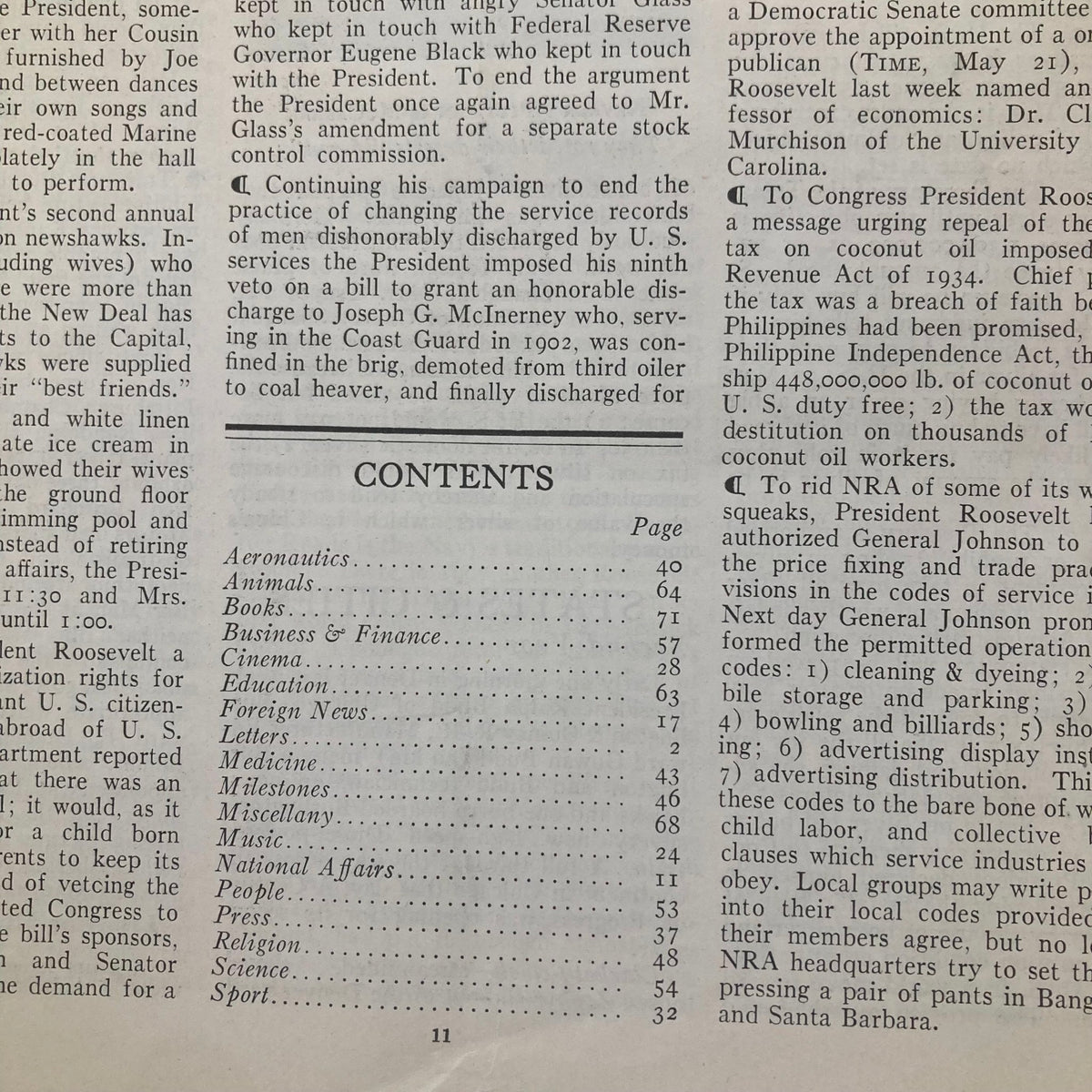 Inside page of VTG Time Magazine June 4, 1934, containing the table of contents including articles on business, education, and national affairs.
