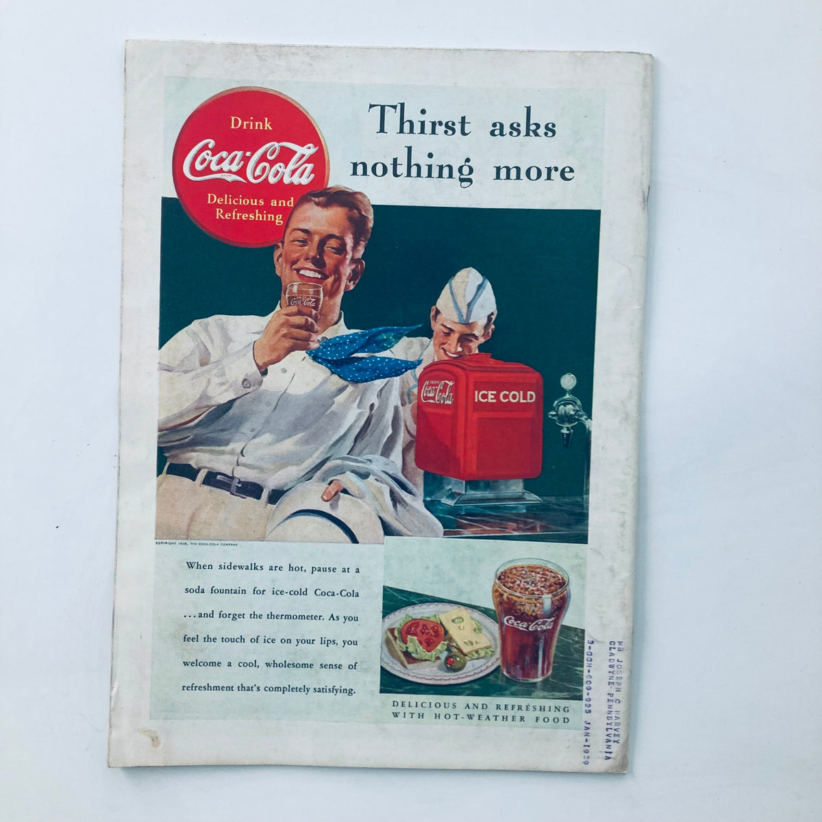 Back cover of a vintage Time Magazine from July 18, 1938, featuring a Coca-Cola advertisement that promotes refreshing drinks with an image of customers enjoying soda.
