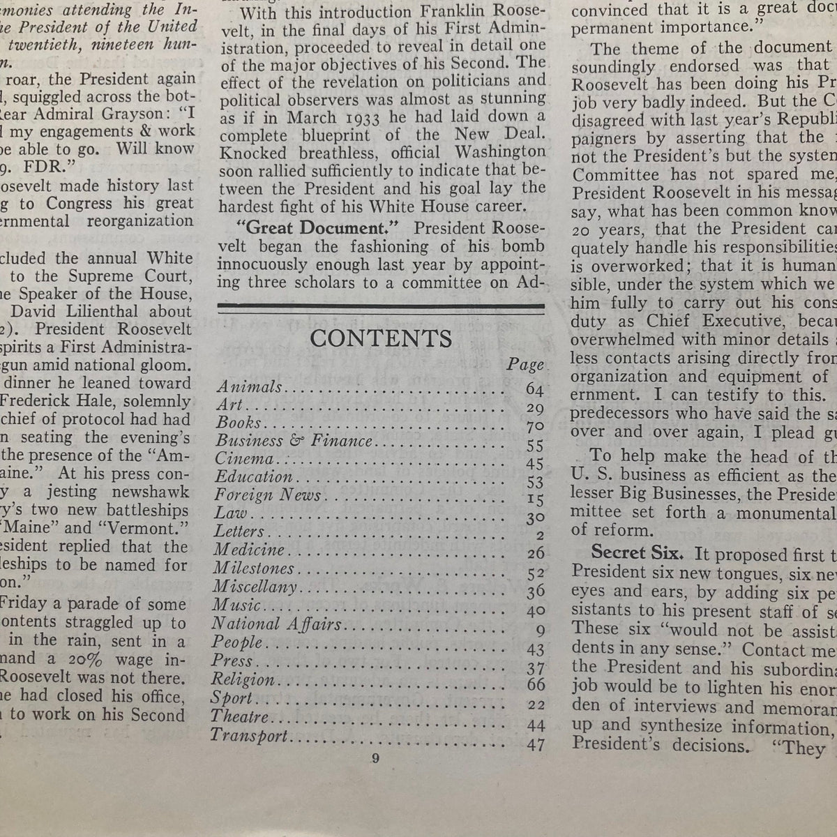 Contents page of the January 25, 1937 issue of Time Magazine, listing various topics such as politics, business, and arts. This page offers an overview of the magazine's focus during that period.
