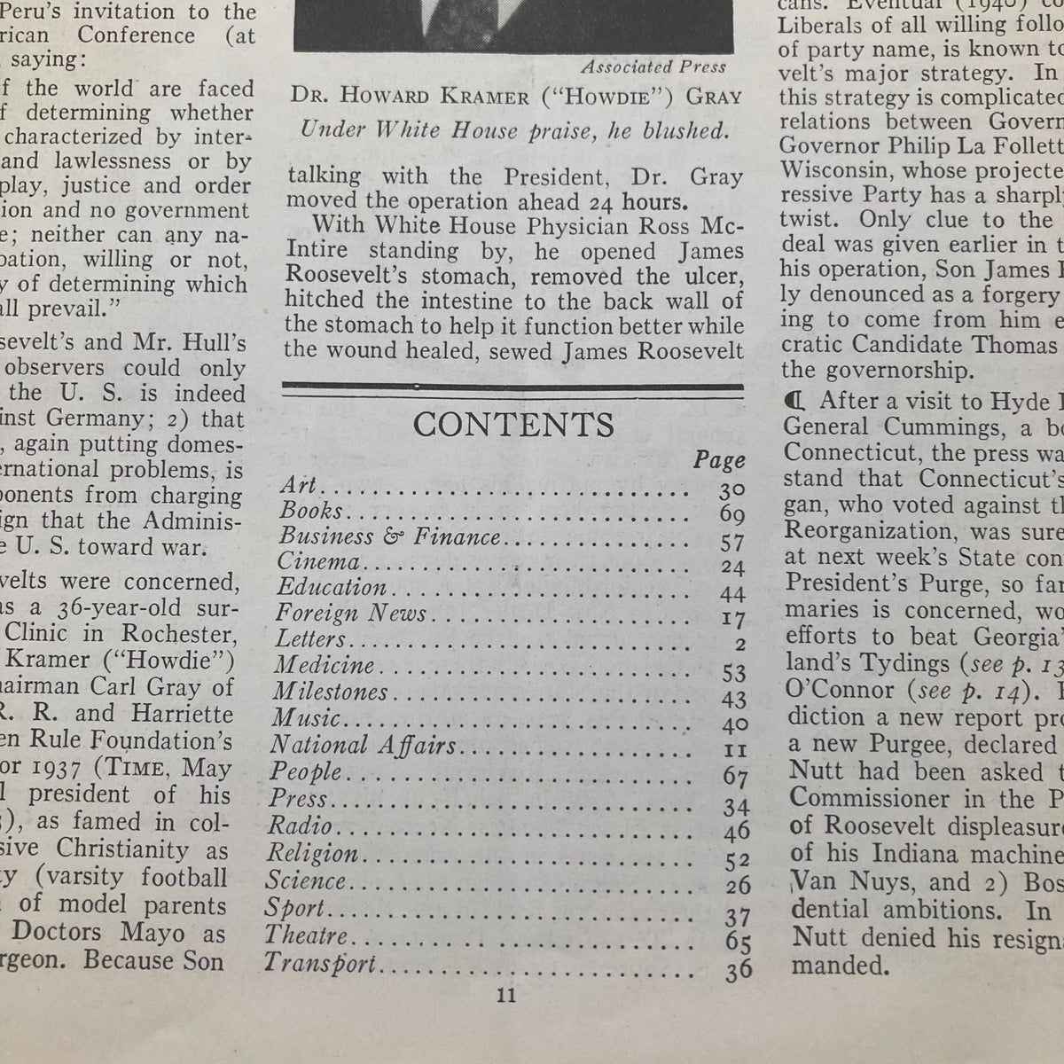 Vintage Time Magazine September 19, 1938, featuring contents page with articles on social and political climate, significant historical details and figures relevant to the era.