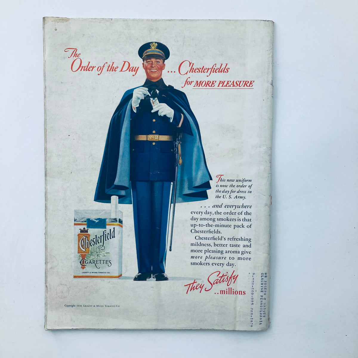 Vintage advertisement for Chesterfield cigarettes from a September 19, 1938 issue of Time Magazine, showcasing a U.S. Army officer promoting the brand.