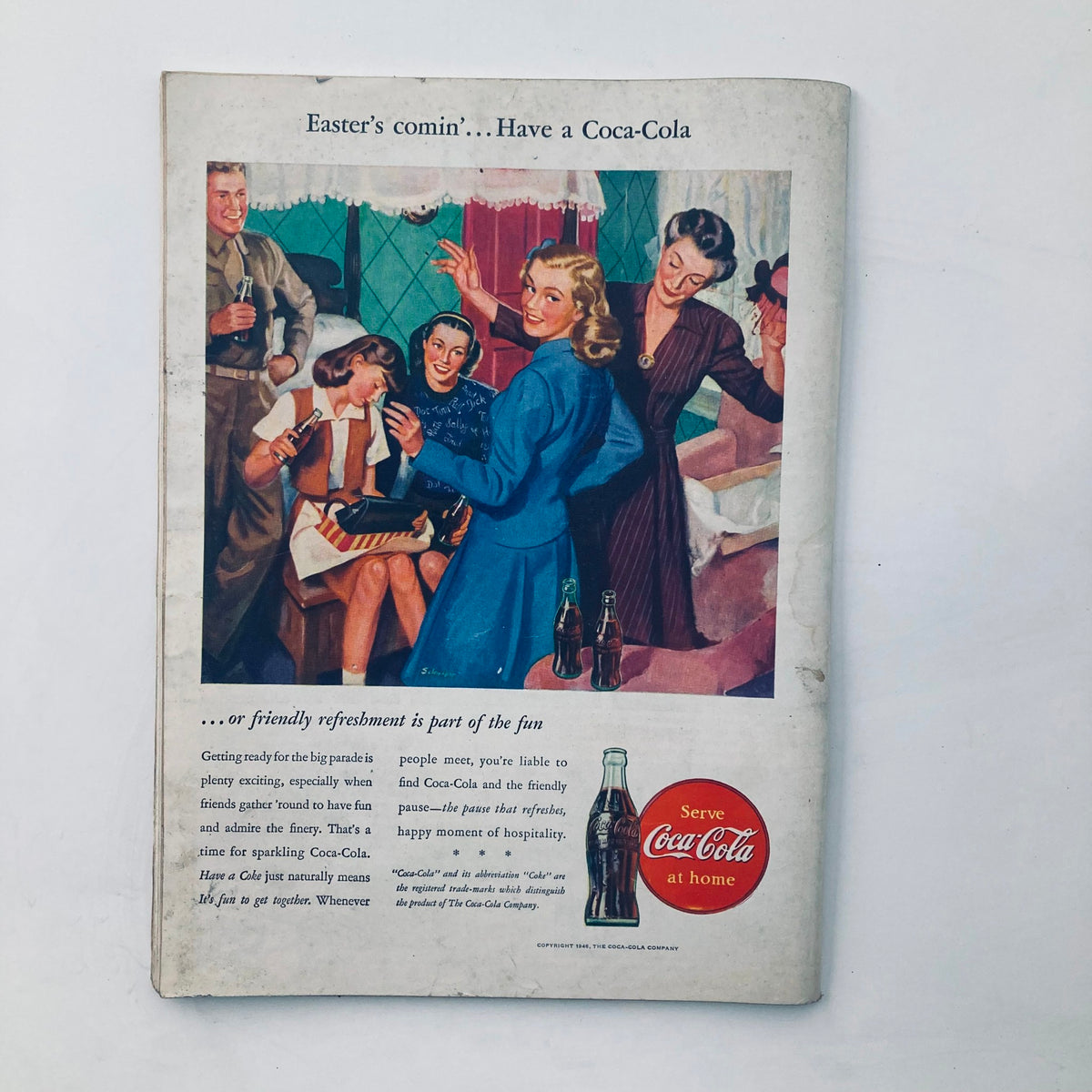Advertisement page from Vintage Time Magazine, February 11, 1946, featuring a Coca-Cola promotion with a vibrant illustration of people enjoying drinks.