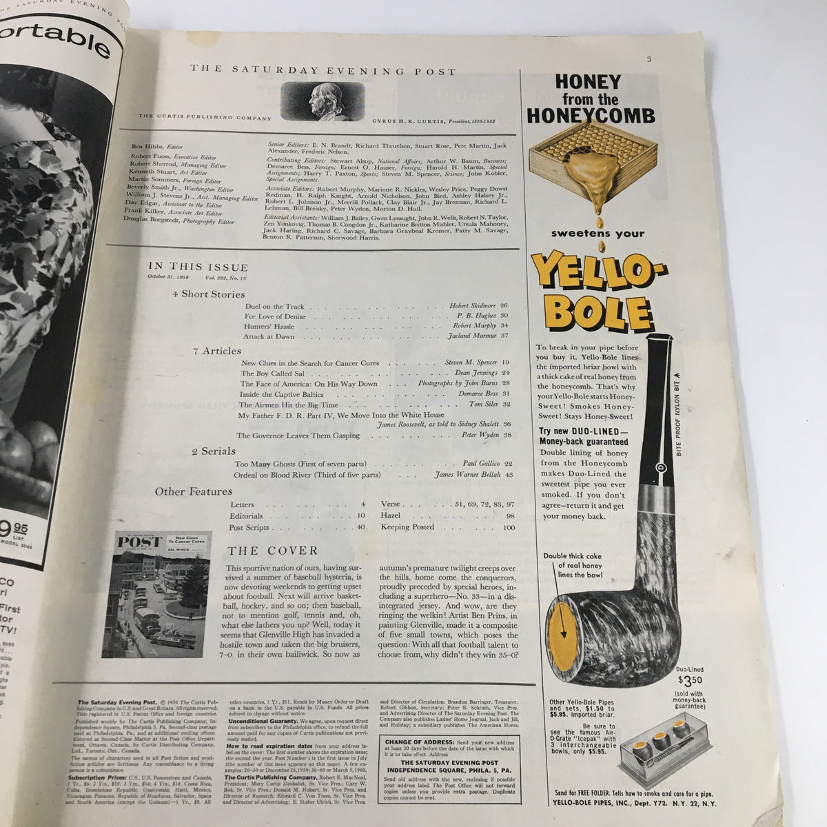 Interior page of The Saturday Evening Post, October 31, 1959, showcasing articles, advertisements, and magazine layout, reflecting historical content on cancer research.