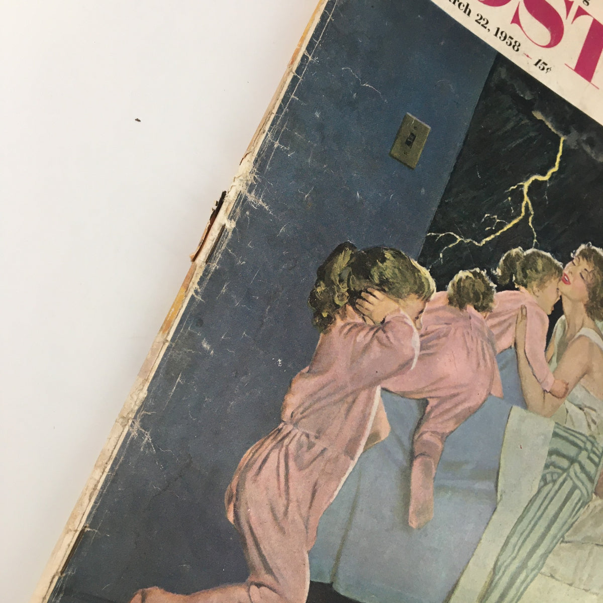 Another cover detail of The Saturday Evening Post March 22 1958, illustrating children in pink pajamas experiencing a stormy night, aligning with the theme of "Ordeals of Execution Night."
