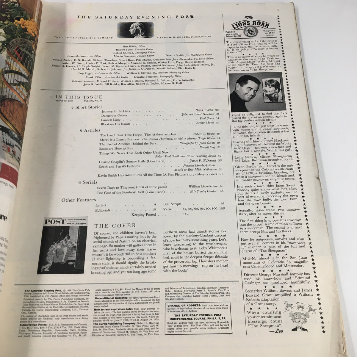Page from The Saturday Evening Post March 22 1958, displaying the table of contents and article summaries, emphasizing the vintage publication's offerings including the featured piece "Ordeals of Execution Night."