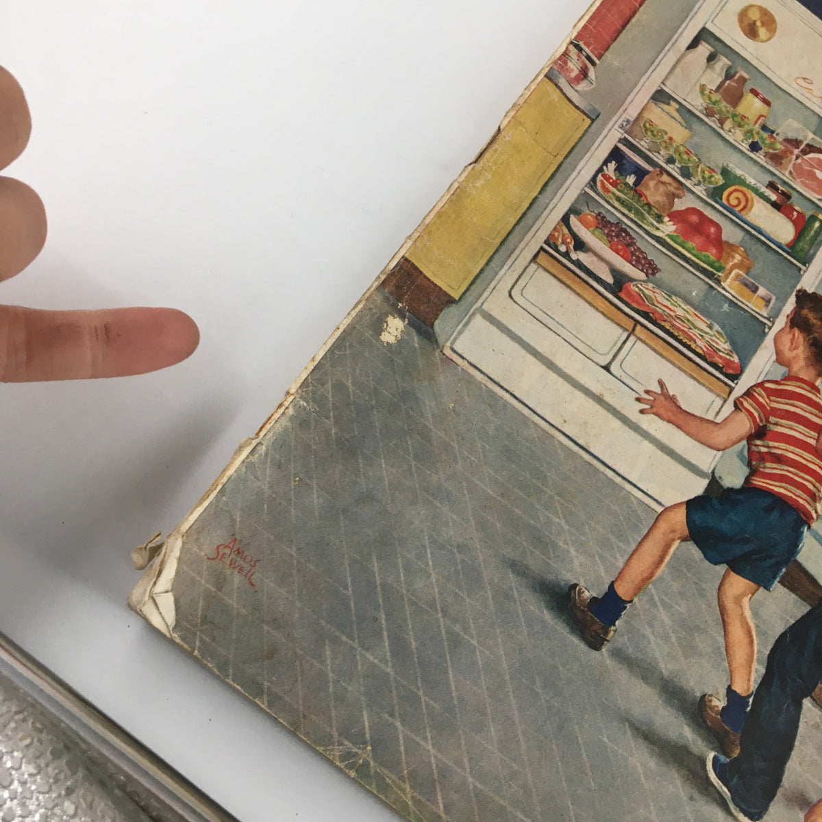 Cover detail of The Saturday Evening Post February 19 1955 featuring children in a kitchen with a boy pointing to a refrigerator.
