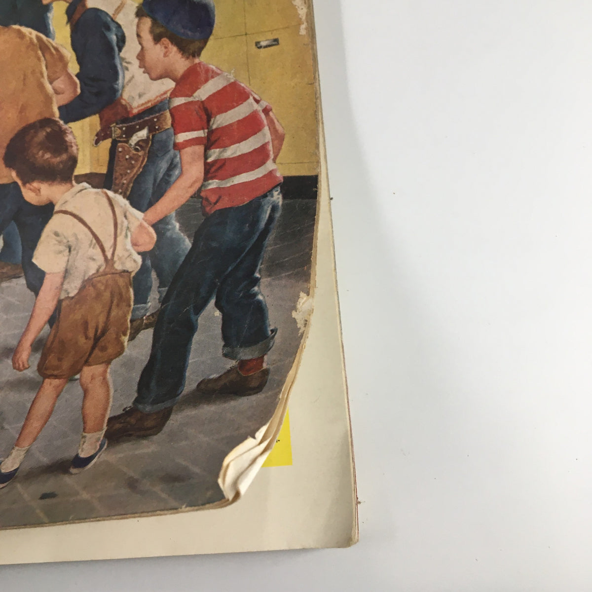 Close-up of boys depicted on the front cover of The Saturday Evening Post February 19 1955, engaging with a refrigerator.