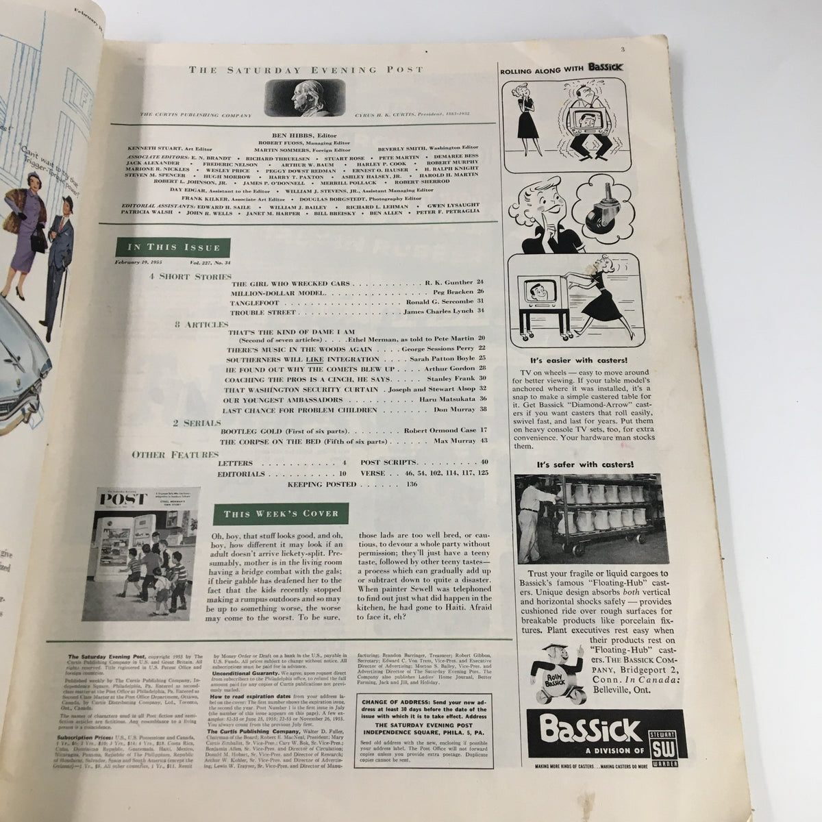 Inside page of The Saturday Evening Post February 19 1955 showing content details and advertisements from the era.