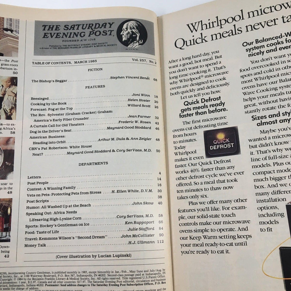 Interior page of The Saturday Evening Post, March 1985, displaying the table of contents with featured articles, including a piece on Pat Robertson's White House campaign and various other topics.