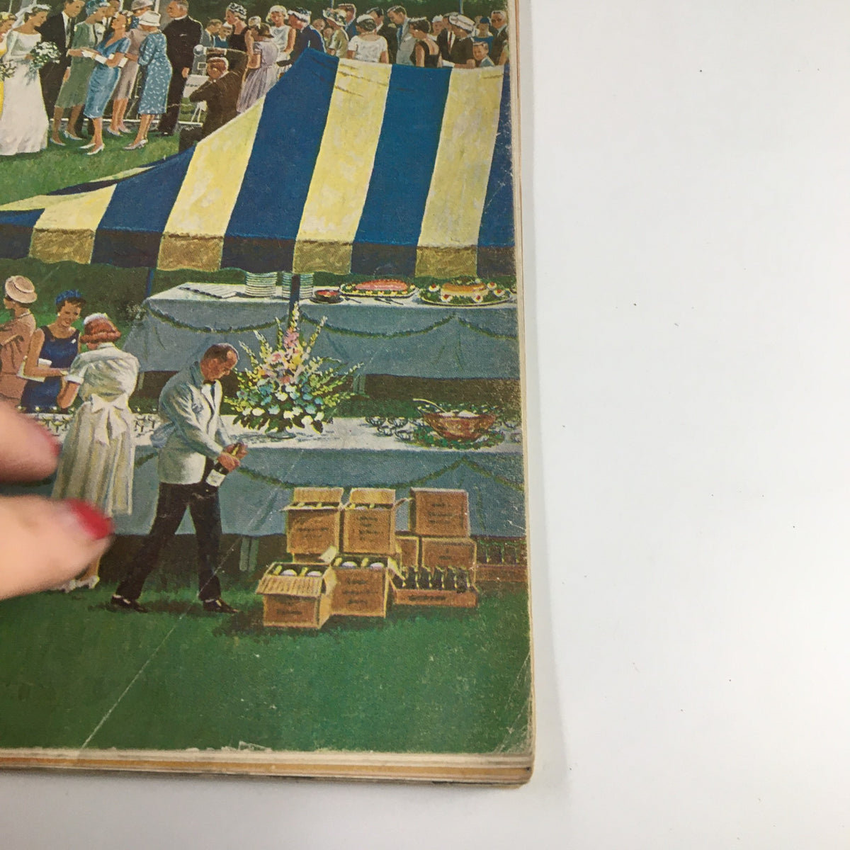 Detailed view of the cover of The Saturday Evening Post June 9, 1962, showing festive outdoor tents and guests enjoying a social event.