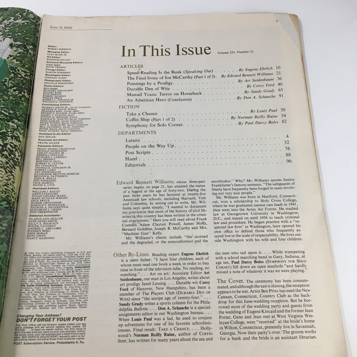 The Saturday Evening Post June 9, 1962, featuring the contents page of the magazine, highlighting articles and stories including 'The Final Irony of Joe McCarthy' and 'Take a Chance.' This vintage magazine page offers a glimpse into the editorial structure and featured contributors of the era.