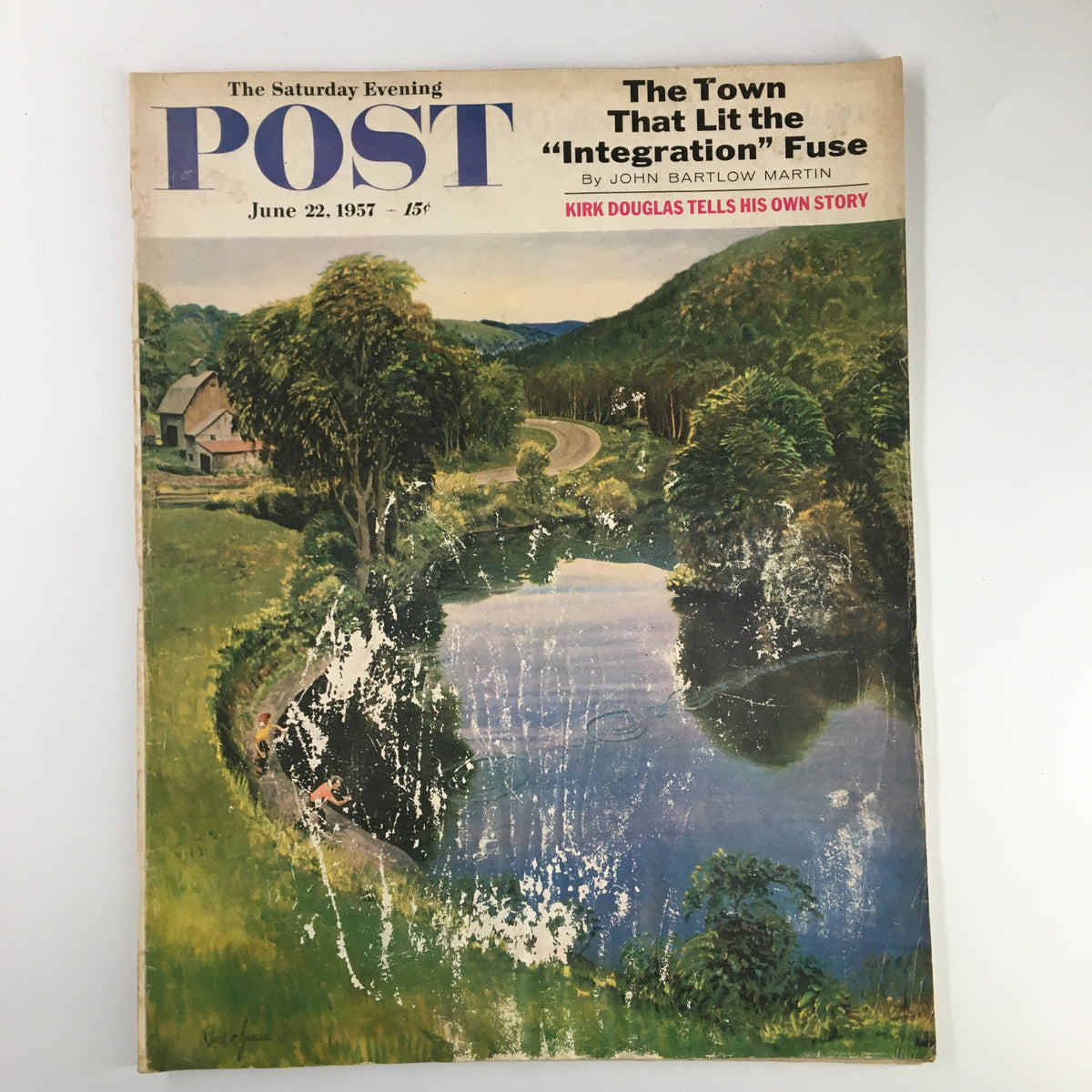 Cover of The Saturday Evening Post from June 22, 1957, featuring an illustration of a serene landscape with a river and trees, promoting the article 'Kirk Douglas Tells His Own Story'.